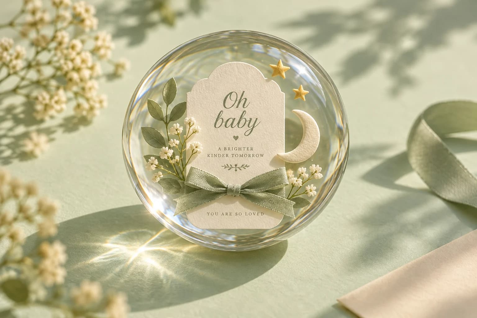 A scalloped baby shower card with sage ribbon, moon and stars inside a glass sphere