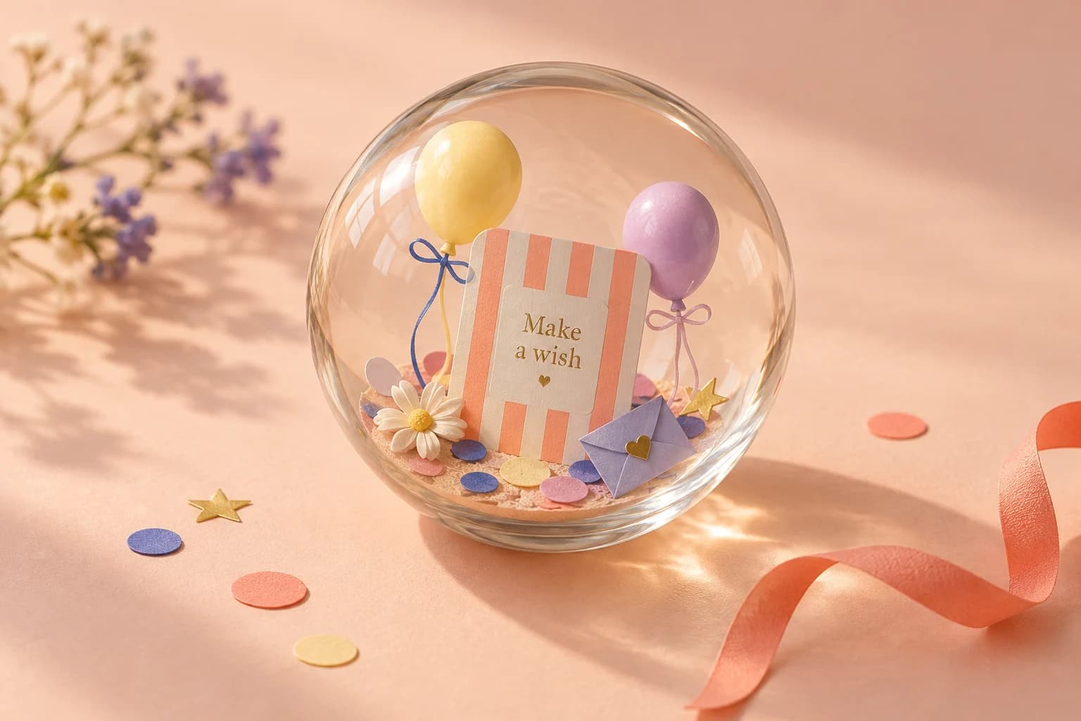A striped birthday card with yellow and lilac balloons inside a glass sphere