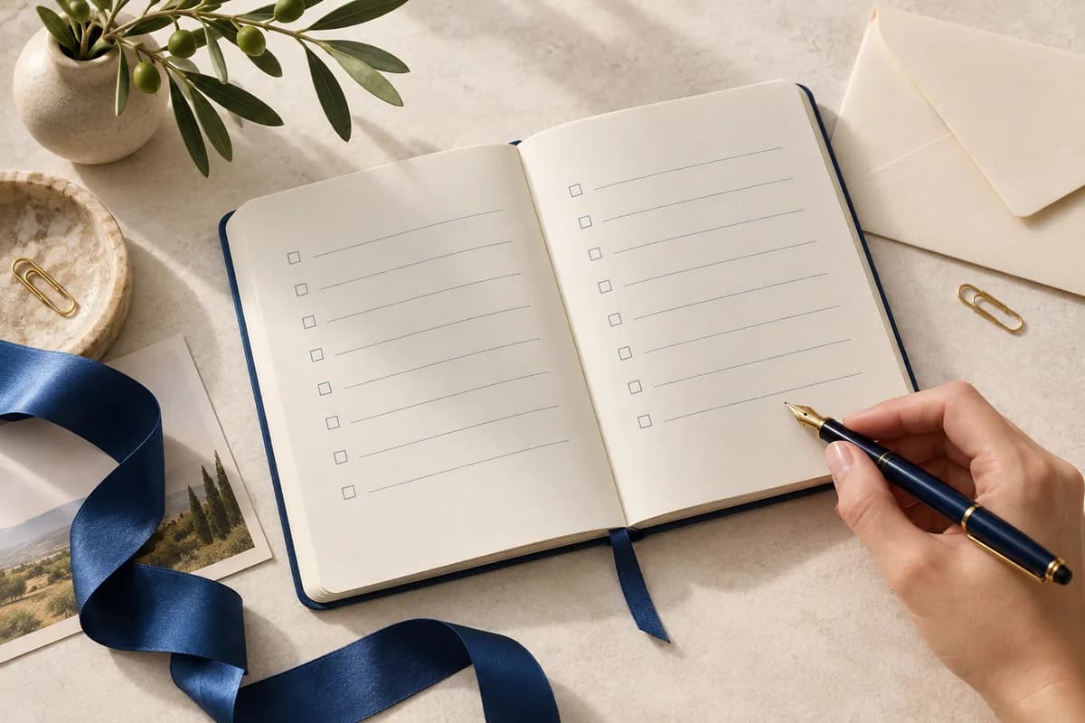 An open planning checklist with a blue ribbon, olive branch and fountain pen