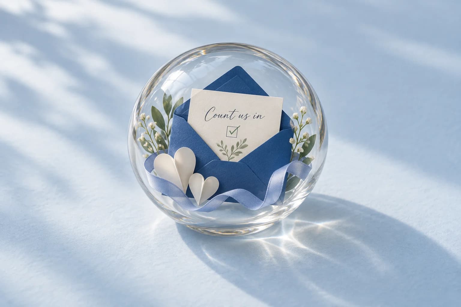 A small RSVP card and blue envelope arranged inside a glass sphere