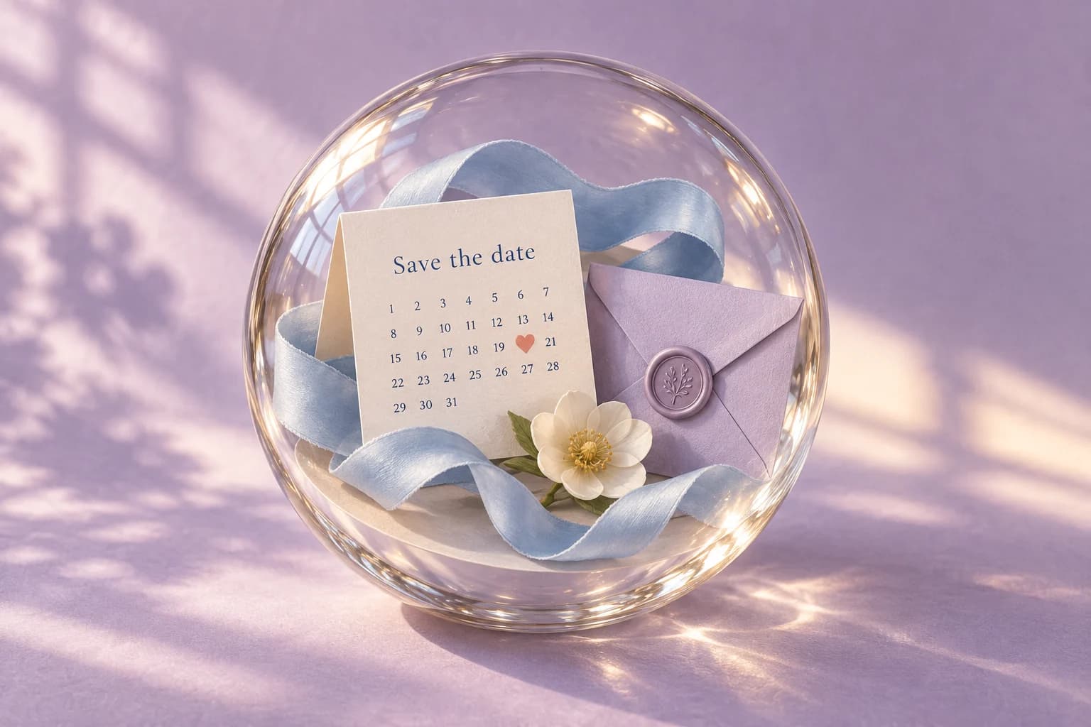 A miniature save-the-date calendar and lilac envelope inside a glass sphere