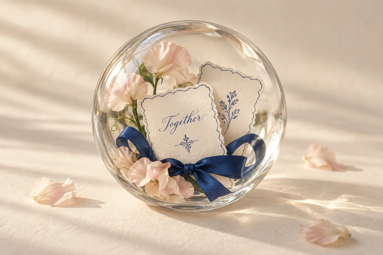 Miniature scalloped wedding cards, blue ribbon and blush flowers inside a glass sphere