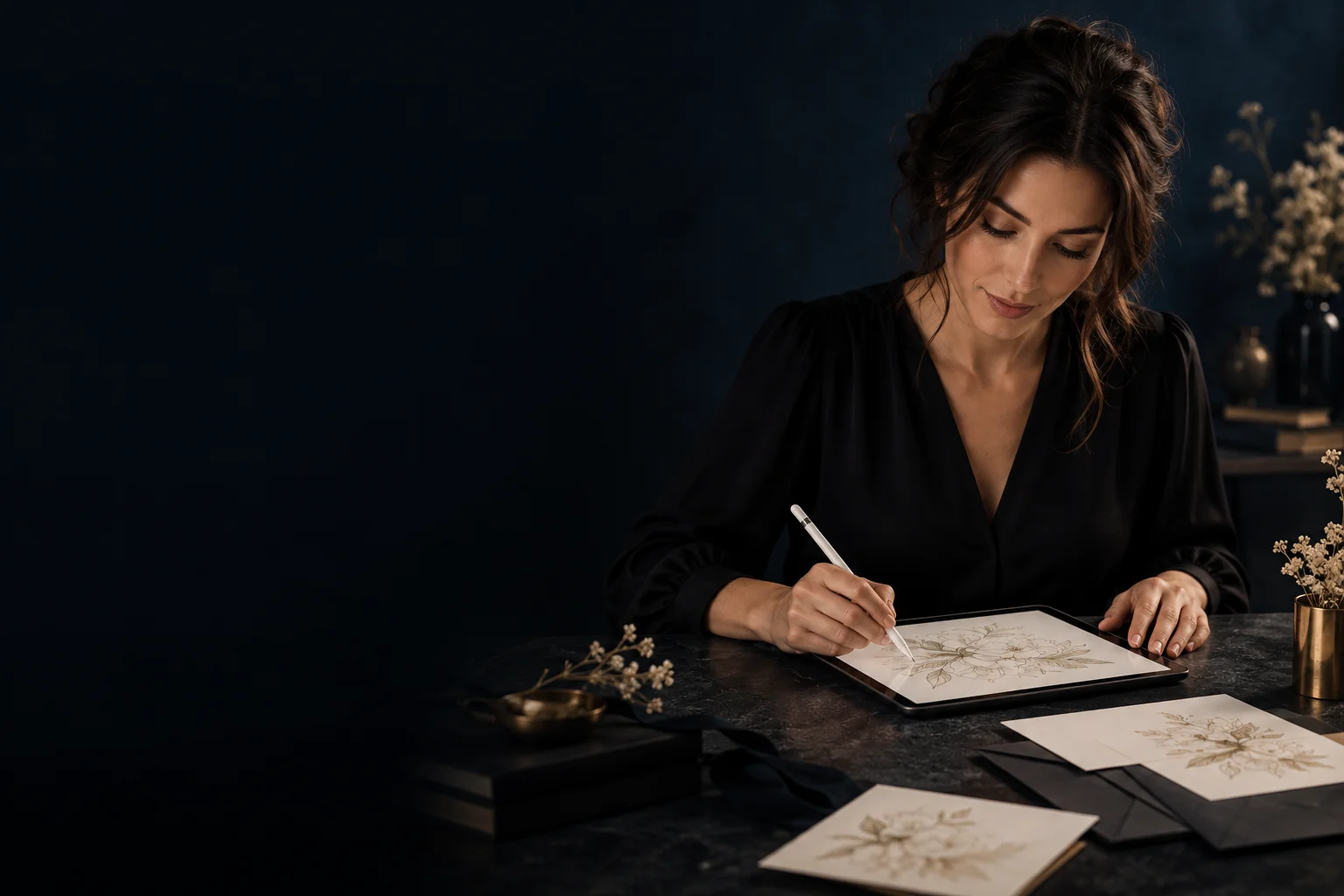 Illustrative atelier scene: an invitation designer working on a tablet